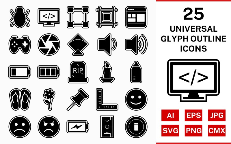 Download Набор иконок "25 Universal Glyph Outline Icon Set" / 25 Universal Glyph Outline Icon Set - Набор иконок на тему data set,file,icon,icons,outline,vector,sign,symbol,pictogram,glyph,universal,flower,kite,bug,shutter,layout,candle,grave,low battery