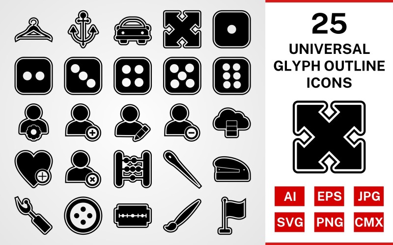Download Набор иконок "25 Universal Glyph Outline Icon Set" / 25 Universal Glyph Outline Icon Set - Набор иконок set,file,icon,icons,outline,vector,sign,symbol,pictogram,glyph,universal,hanger,dice six,flag,needle,edit profile,staper,button,blade