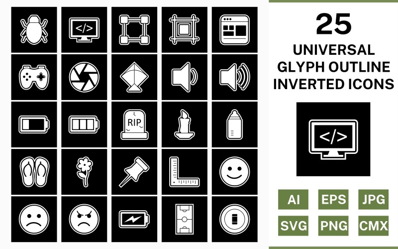 Download Набор иконок "25 Universal Glyph Outline Inverted Icon Set" / 25 Universal Glyph Outline Inverted Icon Set - Набор иконок на тему data set,file,icon,icons,outline,vector,sign,symbol,pictogram,glyph,inverted,universal,flower,kite,bug,shutter,layout,candle,grave,low battery