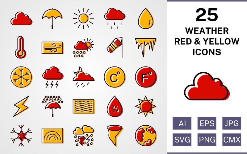 Download Набор иконок "25 Weather Filled Red And Yellow Icon Set" / 25 Weather Filled Red And Yellow Icon Set - Набор иконок на тему weather set,file,icon,icons,red,vector,sign,symbol,pictogram,yellow,filled,weather,cloud,rain,sun,tornado,rainbow,windy,rain drop,temparature