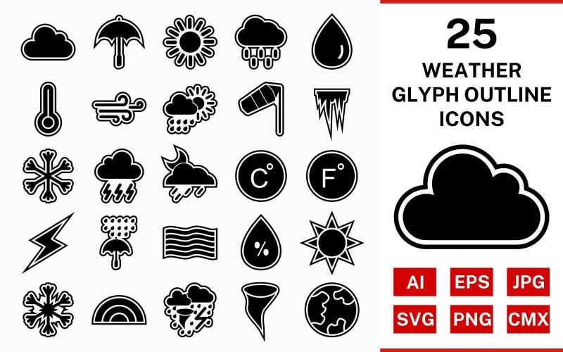 Download Набор иконок "25 Weather Glyph Outline Icon Set" / 25 Weather Glyph Outline Icon Set - Набор иконок на тему weather set,file,icon,icons,outline,vector,sign,symbol,pictogram,glyph,weather,cloud,rain,sun,tornado,rainbow,windy,rain drop,temparature,snow flake