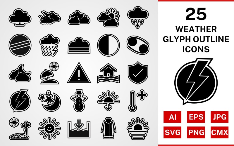 Download Набор иконок "25 Weather Glyph Outline Icon Set" / 25 Weather Glyph Outline Icon Set - Набор иконок на тему weather set,file,icon,icons,outline,vector,sign,symbol,pictogram,glyph,weather,cloudy,hot,sunset,sheild,fog,beach umbella,snowman,dark ray,rain coat