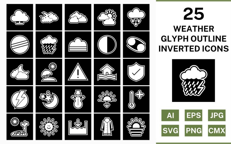 Download Набор иконок "25 Weather Glyph Outline Inverted Icon Set" / 25 Weather Glyph Outline Inverted Icon Set - Набор иконок на тему weather set,file,icon,icons,outline,vector,sign,symbol,pictogram,glyph,inverted,weather,cloudy,hot,sunset,sheild,fog,beach umbella,snowman,dark ray