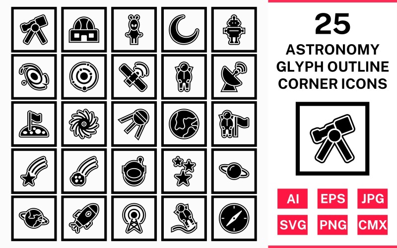 Download Набор иконок "25 Astronomy Glyph Outline Square Corner Icon Set" / 25 Astronomy Glyph Outline Square Corner Icon Set - Набор иконок на тему science set,file,icon,icons,outline,vector,sign,symbol,pictogram,glyph,square,corner,astronomy,astronout,galaxy,telescope,stars,compass,falling star,space station