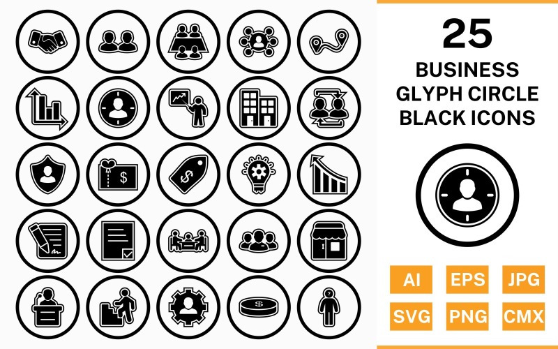 Download Набор иконок "25 Business Circle Glyph Outline Black Icon Set" / 25 Business Circle Glyph Outline Black Icon Set - Набор иконок на тему business set,file,icon,icons,circle,vector,sign,symbol,pictogram,glyph,outline,black,business,office,shop,speech,decison making,route,handshake,management