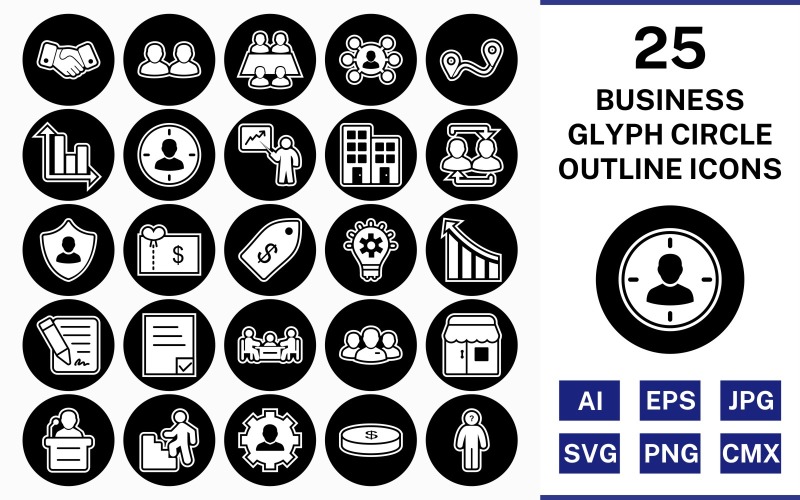 Download Набор иконок "25 Business Glyph Outline Circle Inverted Icon Set" / 25 Business Glyph Outline Circle Inverted Icon Set - Набор иконок на тему business set,file,icon,icons,outline,vector,sign,symbol,pictogram,glyph,circle,inverted,business,office,shop,speech,decison making,route,handshake,management
