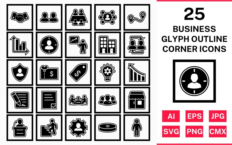 Download Набор иконок "25 Business Glyph Outline Square Corner Icon Set" / 25 Business Glyph Outline Square Corner Icon Set - Набор иконок на тему business set,file,icon,icons,outline,vector,sign,symbol,pictogram,glyph,square,corner,business,office,shop,speech,decison making,route,handshake,management