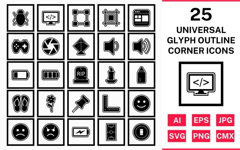 25 Conjunto de ícones de canto quadrado de contorno de glifo universal