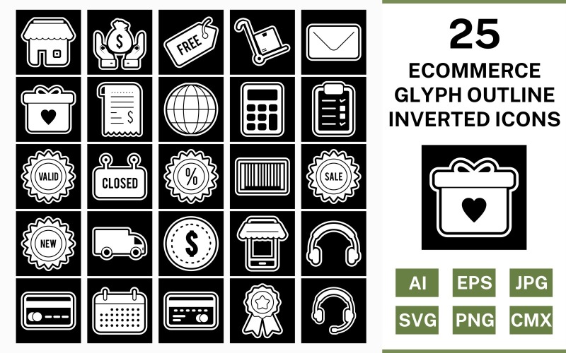 Download Набор иконок "25 Ecommerce Glyph Outline Inverted Icon Set" / 25 Ecommerce Glyph Outline Inverted Icon Set - Набор иконок на тему shopping set,file,icon,icons,outline,vector,sign,symbol,pictogram,glyph,inverted,ecommerce,envelope,saving,trolley,new,sale,atm,shop,discount