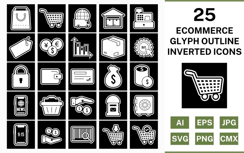 Download Набор иконок "25 Ecommerce Glyph Outline Inverted Icon Set" / 25 Ecommerce Glyph Outline Inverted Icon Set - Набор иконок на тему shopping set,file,icon,icons,outline,vector,sign,symbol,pictogram,glyph,inverted,ecommerce,buy,security,tag,vault,add to cart,payment,basket,cheque