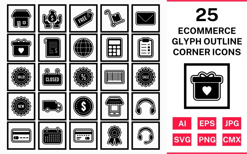 Download Набор иконок "25 Ecommerce Glyph Outline Square Corner Icon Set" / 25 Ecommerce Glyph Outline Square Corner Icon Set - Набор иконок на тему shopping set,file,icon,icons,outline,vector,sign,symbol,pictogram,glyph,square,corner,ecommerce,envelope,saving,trolley,new,sale,atm,shop