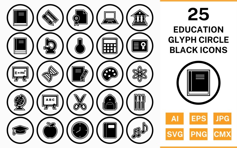 Download Набор иконок "25 Education Circle Glyph Outline Black Icon Set" / 25 Education Circle Glyph Outline Black Icon Set - Набор иконок на тему science set,file,icon,icons,circle,vector,sign,symbol,pictogram,glyph,outline,black,education,books,bagpack,notebook,flask,microscope,notes,markers