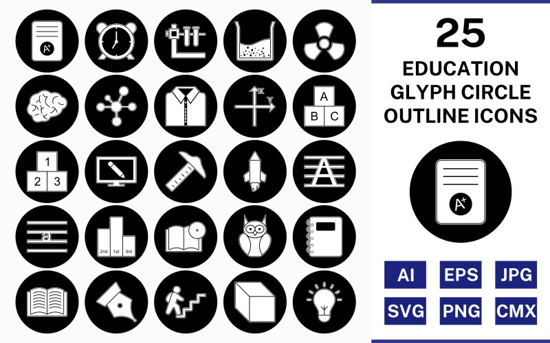 Download Набор иконок "25 Education Glyph Outline Circle Inverted Icon Set" / 25 Education Glyph Outline Circle Inverted Icon Set - Набор иконок на тему science set,file,icon,icons,outline,vector,sign,symbol,pictogram,glyph,circle,inverted,education,brain,cube,book dvd,open book,electron,alarm,notepad