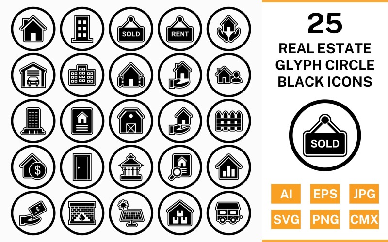 25 Ensemble d'icônes de contour de glyphe de cercle immobilier noir