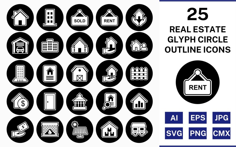 25 Ensemble d'icônes inversé de cercle de contour de glyphe immobilier