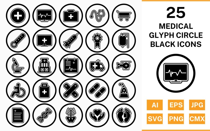 25 Ensemble d'icônes noires de contour de glyphe de cercle médical