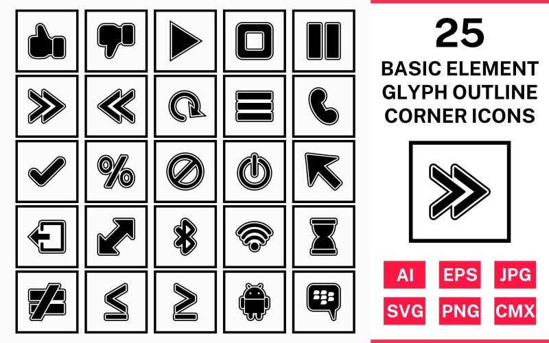 25 Grundelemente Glyph Outline Square Corner Icon Set
