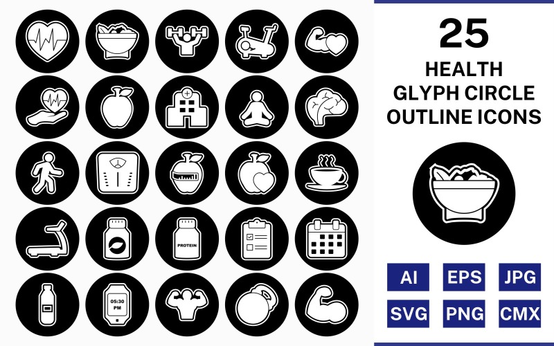 Download Набор иконок "25 Health Glyph Outline Circle Inverted Icon Set" / 25 Health Glyph Outline Circle Inverted Icon Set - Набор иконок на тему food set,file,icon,icons,outline,vector,sign,symbol,pictogram,glyph,circle,inverted,health,yoga,salad,heart beat,walking,body,hospital,apple