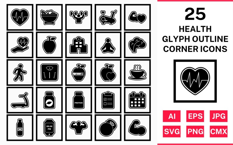 Download Набор иконок "25 Health Glyph Outline Square Corner Icon Set" / 25 Health Glyph Outline Square Corner Icon Set - Набор иконок на тему food set,file,icon,icons,outline,vector,sign,symbol,pictogram,glyph,square,corner,health,yoga,salad,heart beat,walking,body,hospital,apple