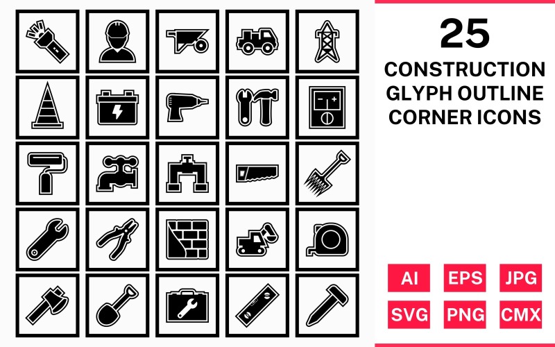 25 İnşaat Glif Anahat Kare Köşe Simge Seti