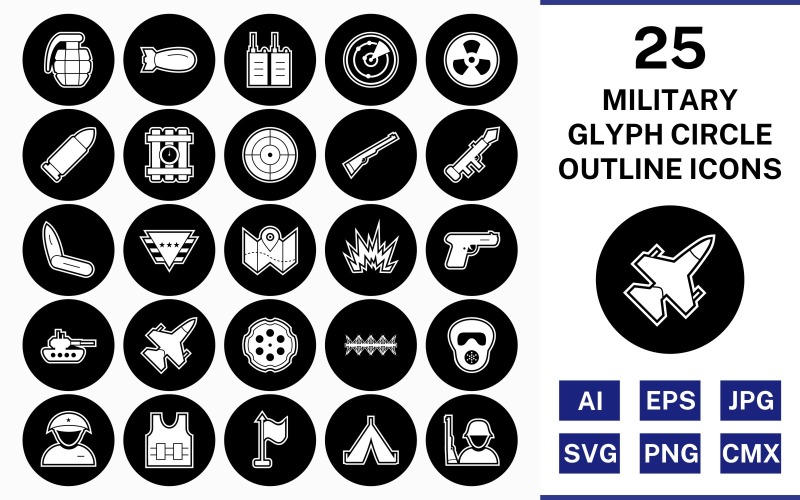 25 militaire Glyph Outline Circle Omgekeerde Icon Set