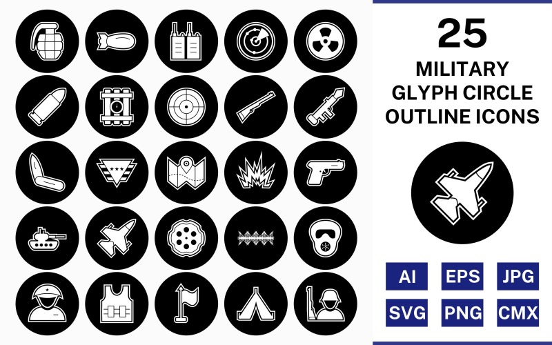 Download Набор иконок "25 Military Glyph Outline Circle Inverted Icon Set" / 25 Military Glyph Outline Circle Inverted Icon Set - Набор иконок на тему military set,file,icon,icons,outline,vector,sign,symbol,pictogram,glyph,circle,inverted,military,bullet,target,grenade,jet,tent,gun,blast