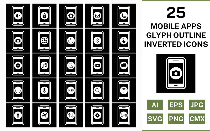 25 mobilních aplikací Sada ikon obrysu glyfů