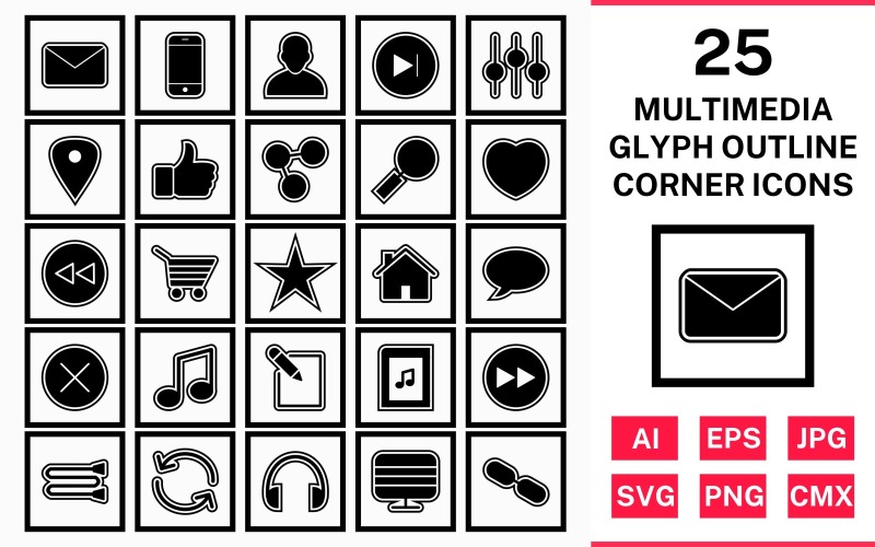 Download Набор иконок "25 Multimedia Glyph Outline Square Corner Icon Set" / 25 Multimedia Glyph Outline Square Corner Icon Set - Набор иконок на тему data set,file,icon,icons,outline,vector,sign,symbol,pictogram,glyph,square,corner,multimedia,next,avatar,heart,back,link,monitor,like