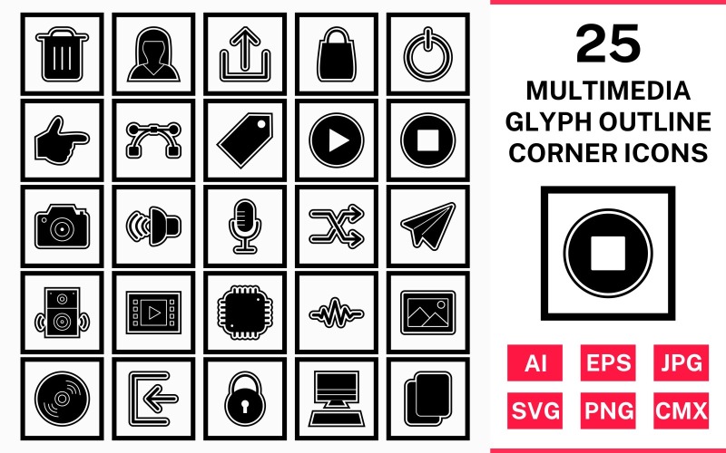 Download Набор иконок "25 Multimedia Glyph Outline Square Corner Icon Set" / 25 Multimedia Glyph Outline Square Corner Icon Set - Набор иконок на тему data set,file,icon,icons,outline,vector,sign,symbol,pictogram,glyph,square,corner,multimedia,logout,copy,shuffle,play,stop,upload,speaker