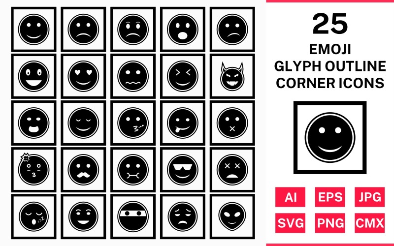 Набор иконок 25 Emoji Glyph Outline Square Corner Icon Set