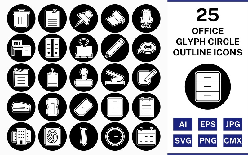 25 Office Glyph Outline Circle Omgekeerde Icon Set