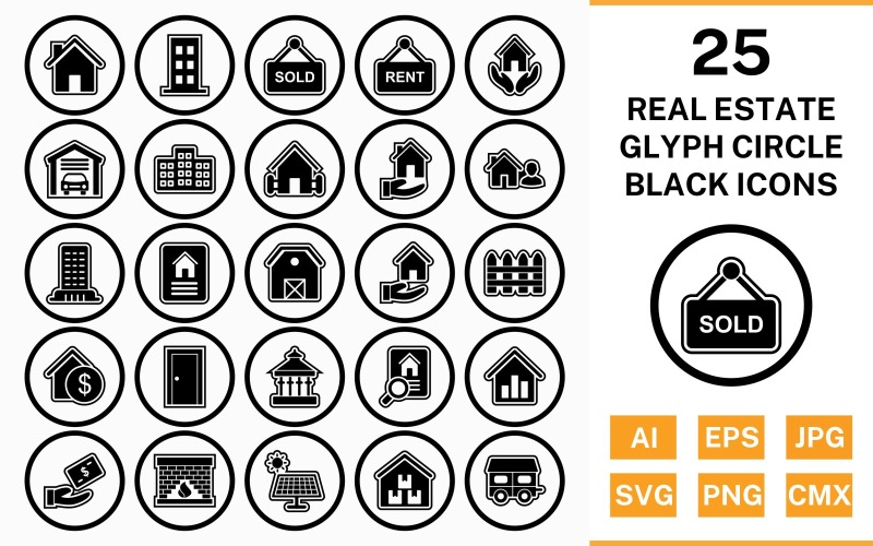 Download Набор иконок "25 Real Estate Circle Glyph Outline Black Icon Set" / 25 Real Estate Circle Glyph Outline Black Icon Set - Набор иконок на тему city set,file,icon,icons,circle,vector,sign,symbol,pictogram,glyph,outline,black,real estate,house,garage,building,farm house,loan,agent,flat