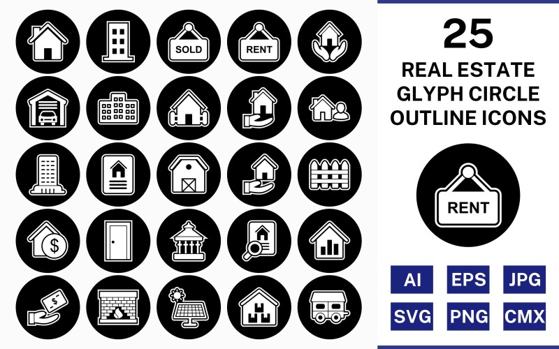 Download Набор иконок "25 Real Estate Glyph Outline Circle Inverted Icon Set" / 25 Real Estate Glyph Outline Circle Inverted Icon Set - Набор иконок на тему city set,file,icon,icons,outline,vector,sign,symbol,pictogram,glyph,circle,inverted,real estate,house,garage,building,farm house,loan,agent,flat