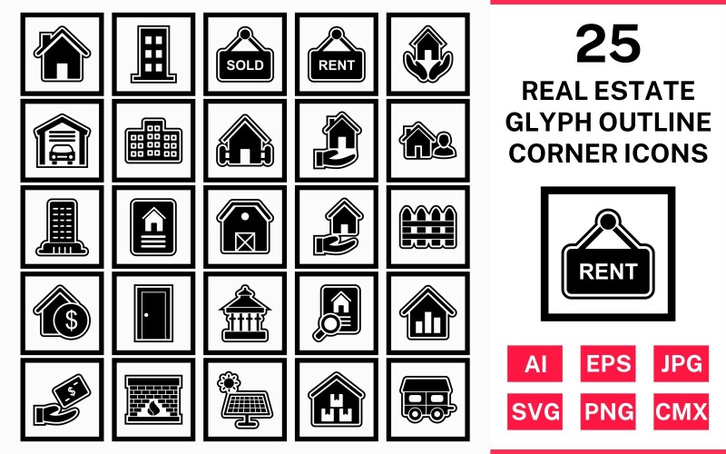 Download Набор иконок "25 Real Estate Glyph Outline Square Corner Icon Set" / 25 Real Estate Glyph Outline Square Corner Icon Set - Набор иконок на тему city set,file,icon,icons,outline,vector,sign,symbol,pictogram,glyph,square,corner,real estate,house,garage,building,farm house,loan,agent,flat