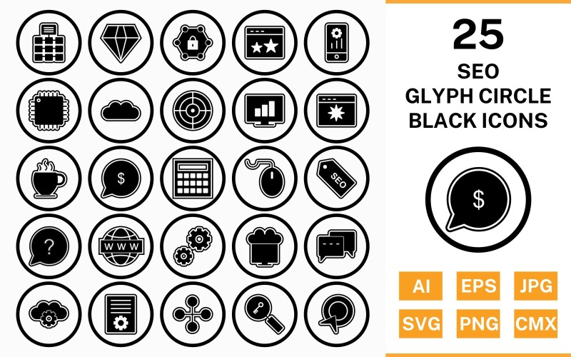 25 SEO круг глифов наброски черный значок набор