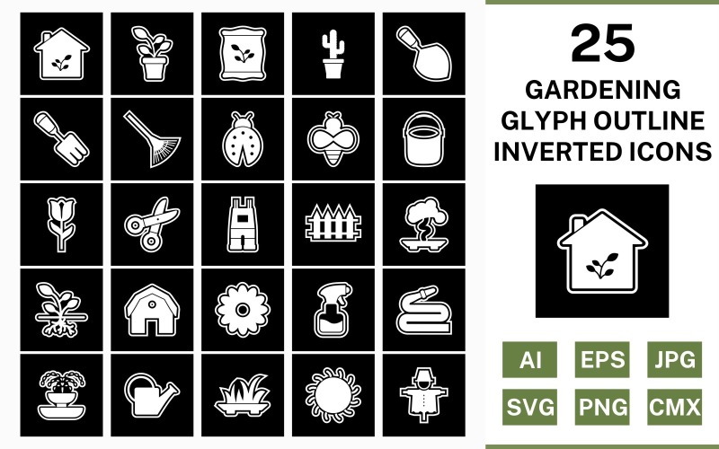 25 set di icone invertito contorno glifo giardinaggio