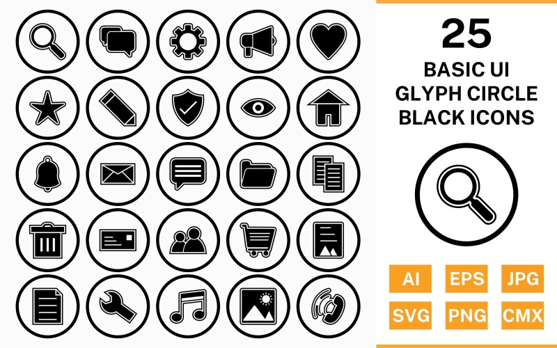 25 Set di icone nere contorno glifo cerchio dell'interfaccia utente di base