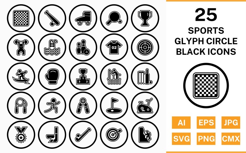 25 sport en spel cirkel Glyph overzicht zwarte pictogramserie