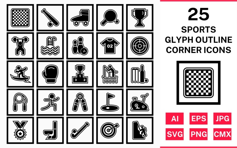 25 Sports And Games Glyph Outline Square Corner Icon Set