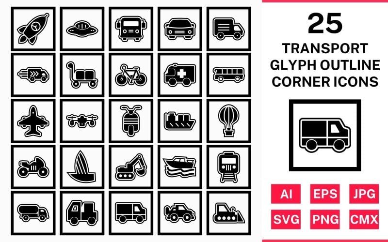 Download Набор иконок "25 Transport Glyph Outline Square Corner Icon Set" / 25 Transport Glyph Outline Square Corner Icon Set - Набор иконок на тему transport set,file,icon,icons,outline,vector,sign,symbol,pictogram,glyph,square,corner,transport,car,bus,boat,van,carrier,jeep,airplane