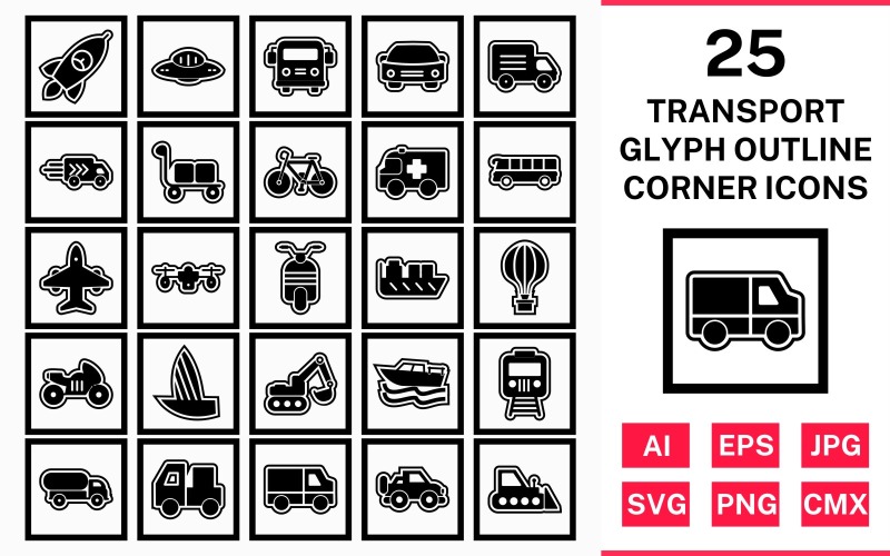 25 Transport Glyph Outline Square Corner Ikonuppsättning