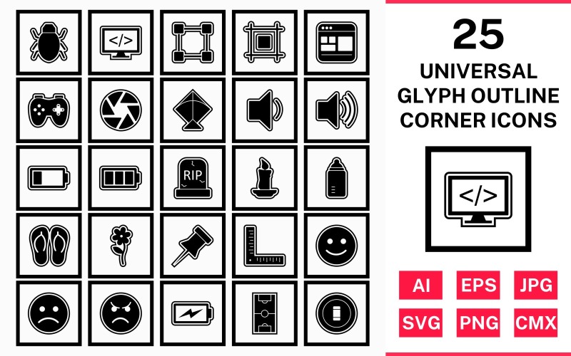 Download Набор иконок "25 Universal Glyph Outline Square Corner Icon Set" / 25 Universal Glyph Outline Square Corner Icon Set - Набор иконок на тему data set,file,icon,icons,outline,vector,sign,symbol,pictogram,glyph,square,corner,universal,flower,kite,bug,shutter,layout,candle,grave