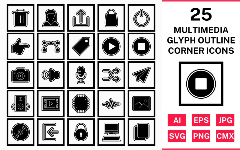 25 Zestaw ikon kwadratowych narożnych konturów glifów multimedialnych