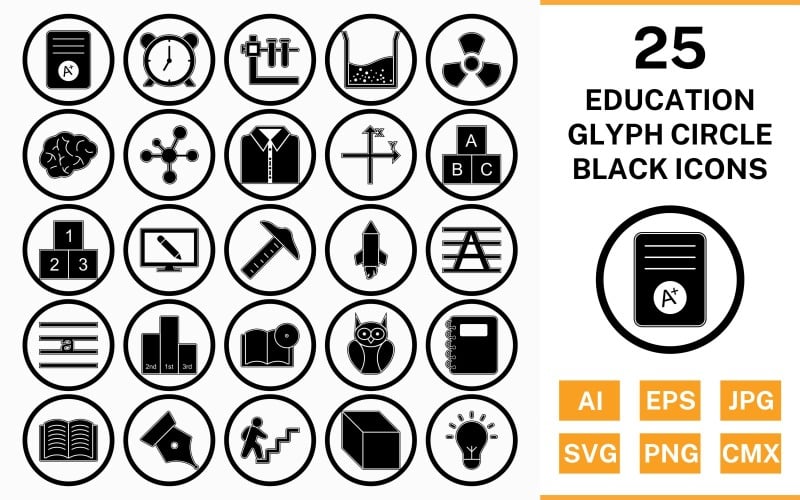 Conjunto de iconos negros de contorno de glifo de círculo de educación 25