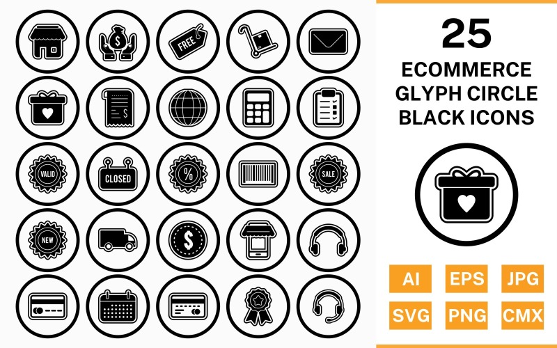 25 E-handelscirkel Glyph disposition svart ikonuppsättning