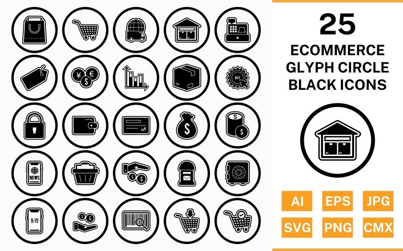 25 E-handelscirkel Glyph disposition svart ikonuppsättning