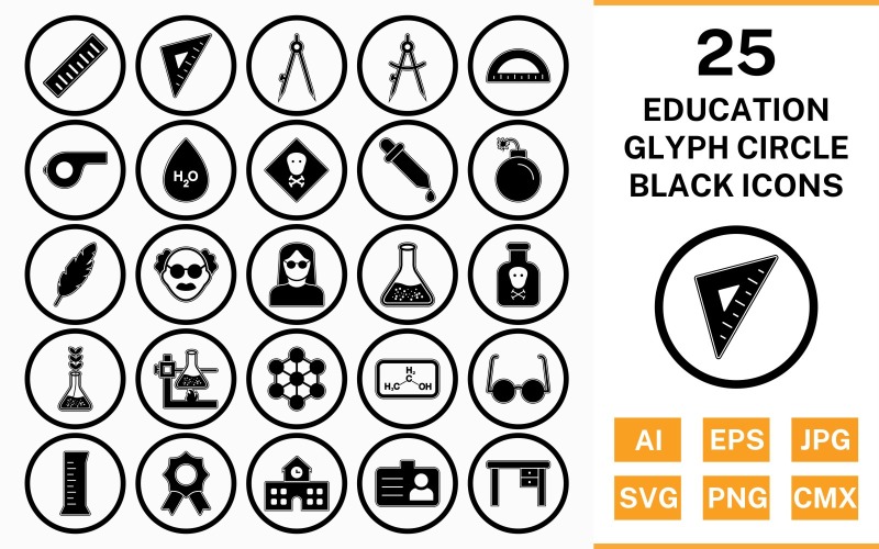 Download Набор иконок "25 Education Circle Glyph Outline Black Icon Set" / 25 Education Circle Glyph Outline Black Icon Set - Набор иконок на тему science set,file,icon,icons,circle,vector,sign,symbol,pictogram,glyph,outline,black,education,toxic,scale,school,award,chemicals,beaker,divider