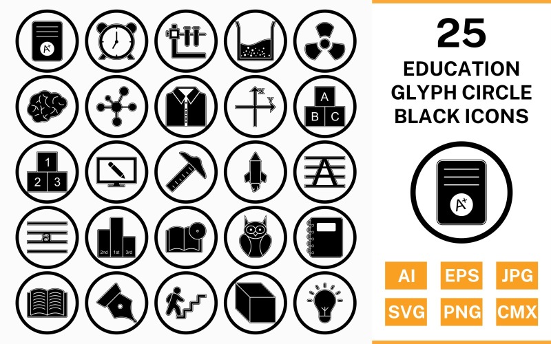 Download Набор иконок "25 Education Circle Glyph Outline Black Icon Set" / 25 Education Circle Glyph Outline Black Icon Set - Набор иконок на тему science set,file,icon,icons,circle,vector,sign,symbol,pictogram,glyph,outline,black,education,brain,cube,book dvd,open book,electron,alarm,notepad