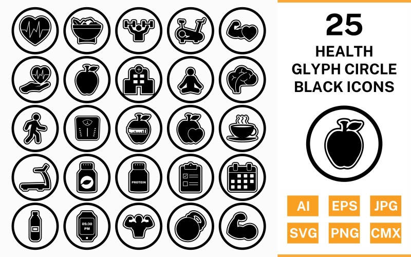 Download Набор иконок "25 Health Circle Glyph Outline Black Icon Set" / 25 Health Circle Glyph Outline Black Icon Set - Набор иконок на тему food set,file,icon,icons,circle,vector,sign,symbol,pictogram,glyph,outline,black,health,yoga,salad,heart beat,walking,body,hospital,apple