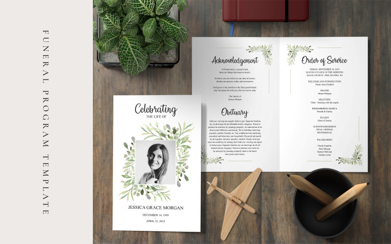 Light Green Floral Funeral Program - Corporate Identity Template